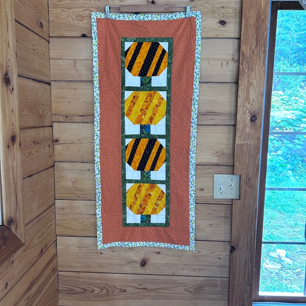 Quilted Table Runner Fall Decor Orange Black Stripe Sunflower Patchwork Handmade